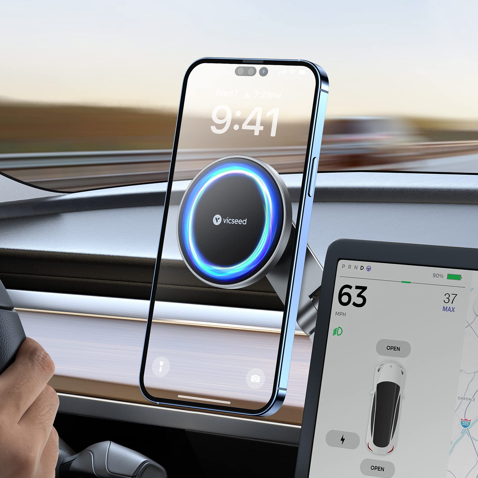 Tesla Phone Mount【Strongest Magnet Power】 Foldable Hidden Tesla Phone Holder Fit for All Phones, Tesla Model 3/Y/Cybertruck Accessories, Tesla Model 3 Model Y for MagSafe Car Mount