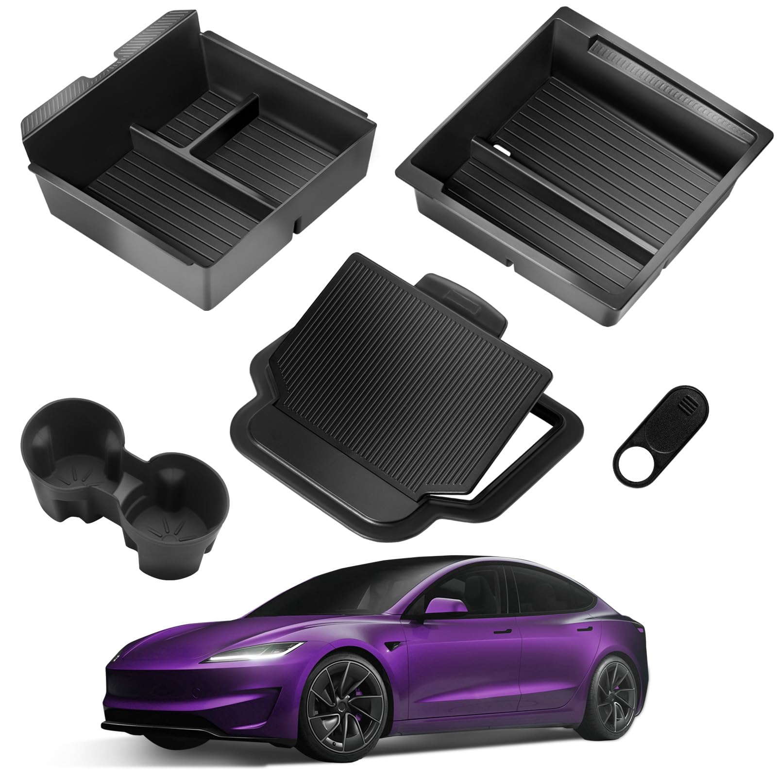 2025 Upgrade Center Console Organizer Tray, Cup Holder Tesla Model 3 Highland 2024 2025/Tesla Model Y Juniper 2025 Matte Black