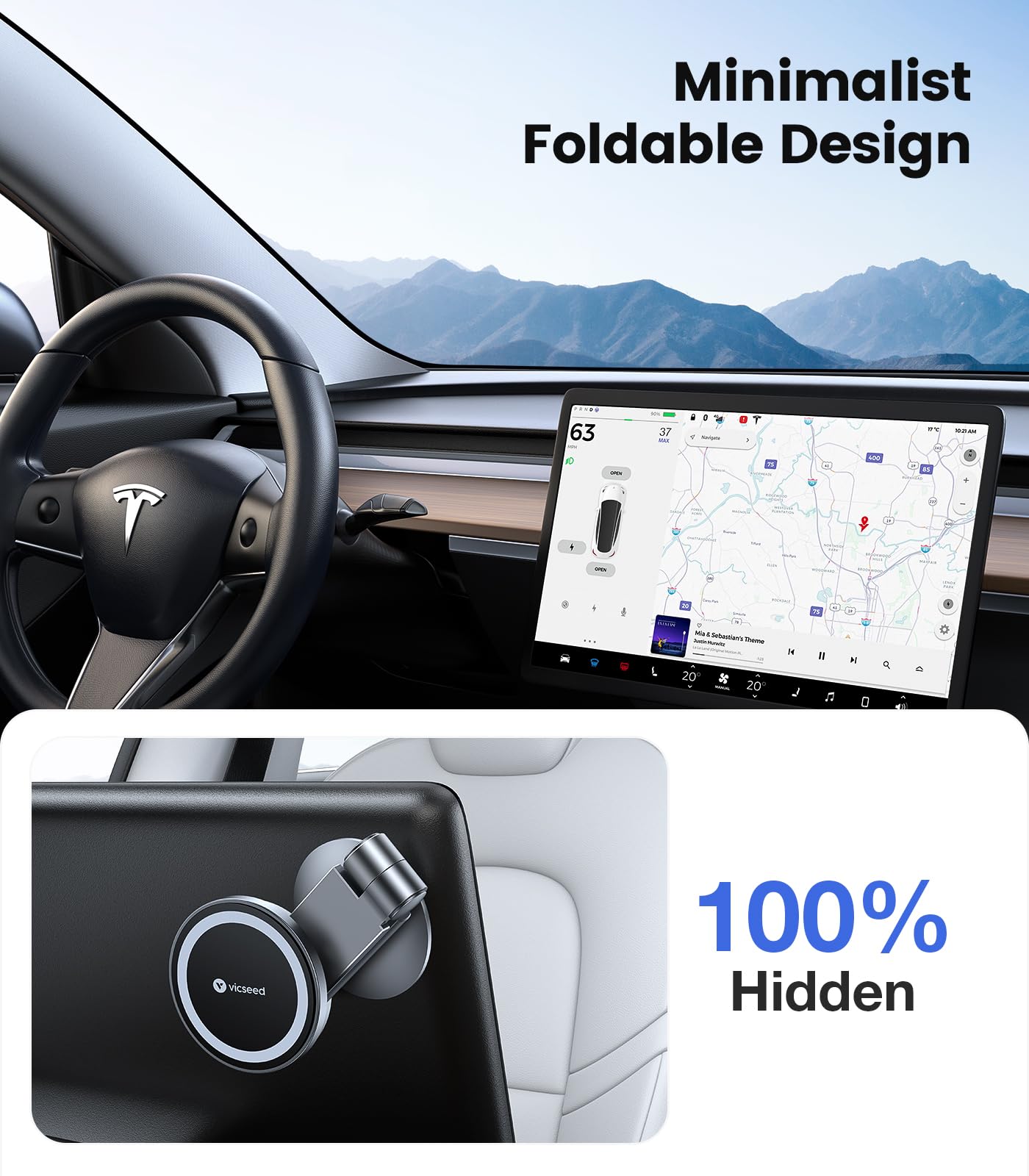 Tesla Phone Mount【Strongest Magnet Power】 Foldable Hidden Tesla Phone Holder Fit for All Phones, Tesla Model 3/Y/Cybertruck Accessories, Tesla Model 3 Model Y for MagSafe Car Mount