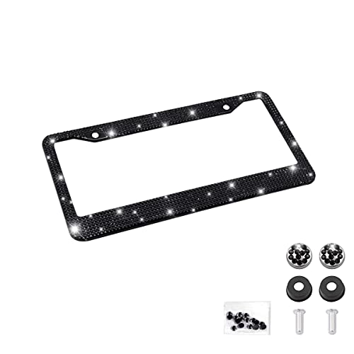 Bling Car License Plate Frame, Handcrafted Crystal Stainless Steel License Plate Frame, Sparkly, Durable, Universal Fit, Car Accessories for Girls, Women (Black)