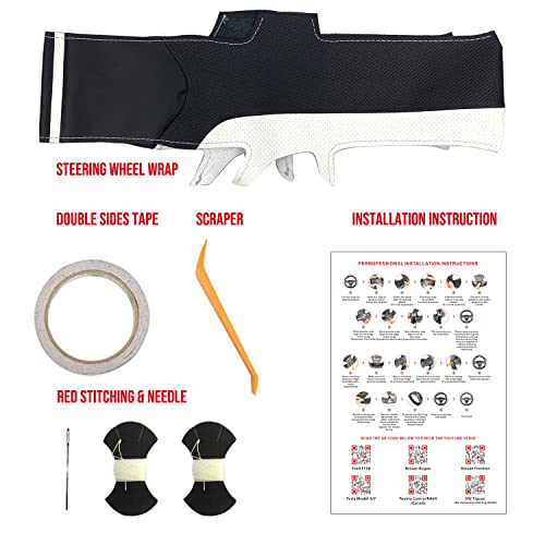 Hand-Stitched Steering Wheel Wrap for Tesla Model 3/Tesla Model Y 2017 2018 2019 2020 2021 Interior Steering Wheel Protection Skin Cover Accessories (Black Leahter+ White Perforated Leather)