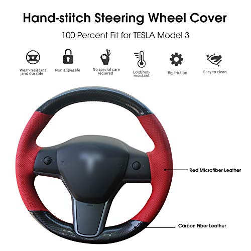 Carbon Fiber and Red Leather Steering Wheel Cover for Tesla Model 3 & Y