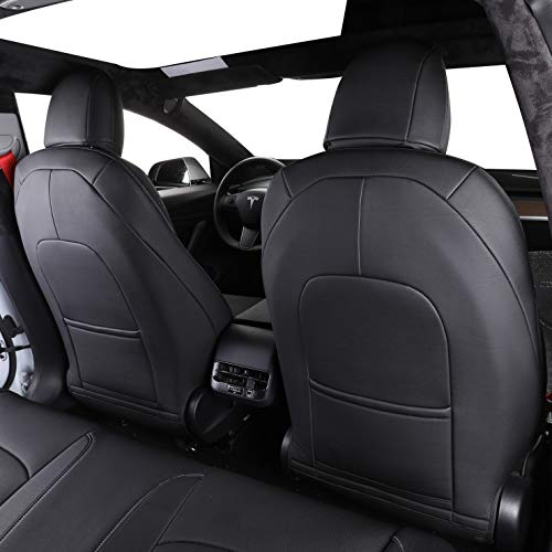 Custom Fit Full Set Car Seat Covers for Select Tesla Model S 2016 2017 2018 2019 2020 2021,Rear Seat with 3 Build in Headrests - Leatherette (Black/Red)