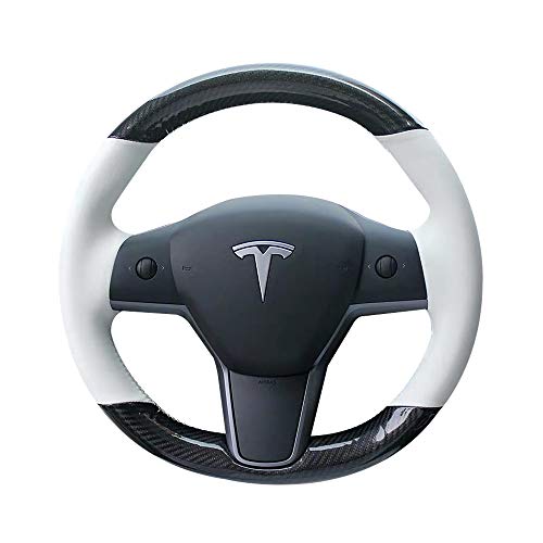 White Leather & Carbon Fiber Steering Wheel Cover Hand-Stitch on Wrap Fit for Tesla Model 3 & Y