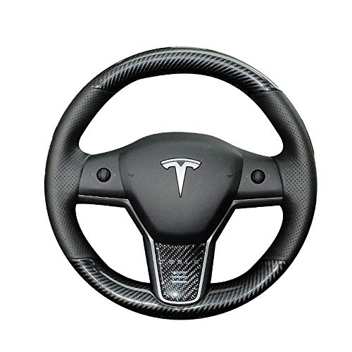 Black Perforated Leather & Carbon Fiber Auto Steering Wheel Cover Hand-Stitch on Wrap Fit for Tesla Model 3/Tesla Model Y
