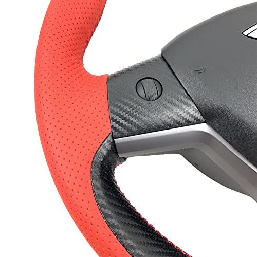 Hand-Stitched Steering Wheel Wrap for Tesla Model 3/Tesla Model Y 2017 2018 2019 2020 2021 Interior Steering Wheel Protection Skin Cover Accessories (Red Perforated Leather+Matte Black Carbon Fiber)
