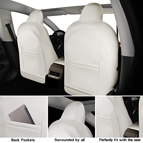 SuperVibe Auto Full Coverage Faux Leather Custom Car Seat Covers Full Set Fit for 2020 2021 Tesla Model Y (White)