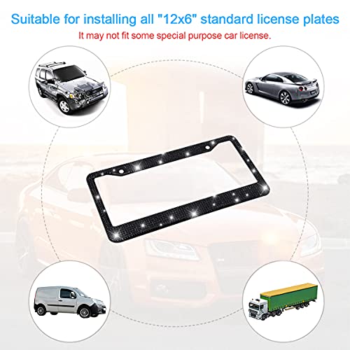 Bling Car License Plate Frame, Handcrafted Crystal Stainless Steel License Plate Frame, Sparkly, Durable, Universal Fit, Car Accessories for Girls, Women (Black)