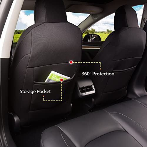 Front Custom Fit Two Tone Black/Tropical Leaves Print Fully Wrapped Fabric Cloth Seat Covers for 2017-2022 Tesla Model 3 & Model Y (2 Pieces)