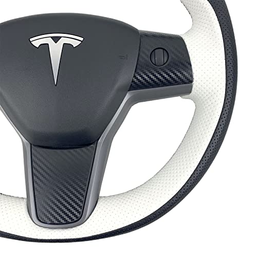Hand-Stitched Steering Wheel Wrap for Tesla Model 3/Tesla Model Y 2017 2018 2019 2020 2021 Interior Steering Wheel Protection Skin Cover Accessories (Black Leahter+ White Perforated Leather)