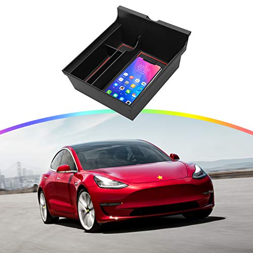 Center Console Organizer Compatible with 2021 Latest Tesla Model Y Model 3 Accessories Insert ABS Black Materials Tray Armrest Secondary Storage Box (Red)