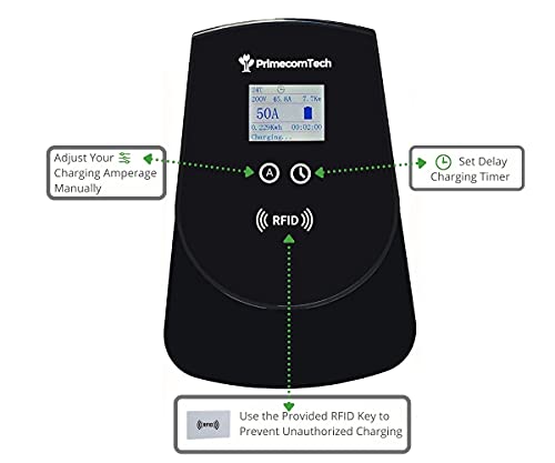 PRIMECOM 50 Amp Level-2 EV Wall Charger Station 220 Volt for Tesla, Volkswagen ID4, Mustang Mach-E, Ford F150, Audi Etron, Toyota RAV4, Kia EV6, Hyundai IONIQ 5, Polestar, Rivian (30 Feet, Hardwire)
