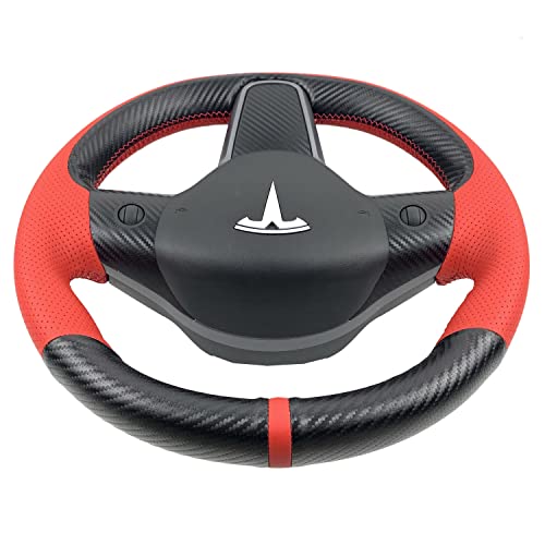Hand-Stitched Steering Wheel Wrap for Tesla Model 3/Tesla Model Y 2017 2018 2019 2020 2021 Interior Steering Wheel Protection Skin Cover Accessories (Red Perforated Leather+Matte Black Carbon Fiber)
