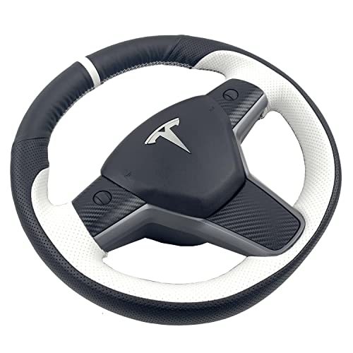 Hand-Stitched Steering Wheel Wrap for Tesla Model 3/Tesla Model Y 2017 2018 2019 2020 2021 Interior Steering Wheel Protection Skin Cover Accessories (Black Leahter+ White Perforated Leather)