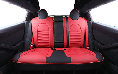Custom Fit Full Set Car Seat Covers for Select Tesla Model S 2016 2017 2018 2019 2020 2021,Rear Seat with 3 Build in Headrests - Leatherette (Black/Red)