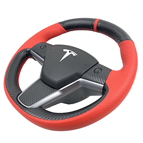 Hand-Stitched Steering Wheel Wrap for Tesla Model 3/Tesla Model Y 2017 2018 2019 2020 2021 Interior Steering Wheel Protection Skin Cover Accessories (Red Perforated Leather+Matte Black Carbon Fiber)