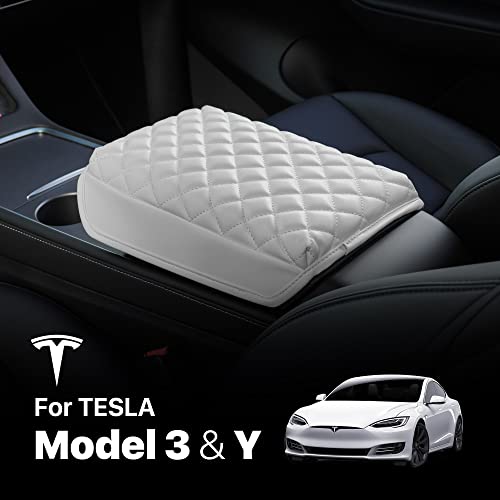 Padded and Quilted Armrest Cushion Cover for Tesla Model 3 & Y (White)