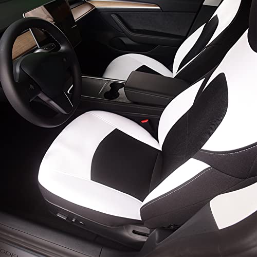 Front Custom Fit Two Tone White/Black Fully Wrapped Fabric Cloth Seat Covers for 2017-2022 Tesla Model 3 & Model Y (2 Pieces)