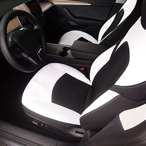 Front Custom Fit Two Tone White/Black Fully Wrapped Fabric Cloth Seat Covers for 2017-2022 Tesla Model 3 & Model Y (2 Pieces)