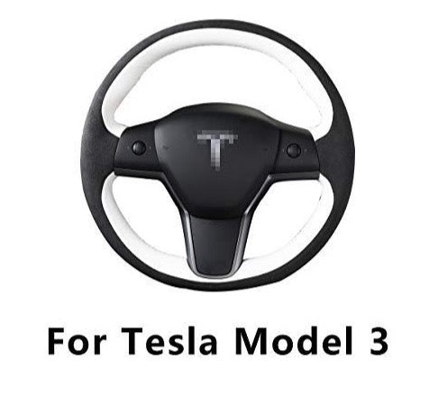 Tesla Model 3 & 2017-2020 Leather Italy Imported Alcantara Hand Stitched Steering Wheel Cover 1PCS(Leather in Black and White)