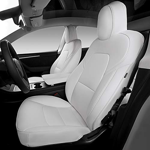 Fit Tesla Model Y Seat Covers All Season PU Leather Car Seat Cushion Protector Tesla Model Y Accessories (White, Full Wrapped 12 Pcs (Model Y))