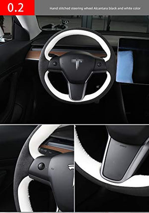 Tesla Model 3 & 2017-2020 Leather Italy Imported Alcantara Hand Stitched Steering Wheel Cover 1PCS(Leather in Black and White)