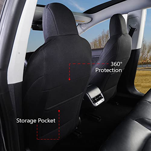 Front Custom Fit Two Tone Red/Black with Quilted Design Fully Wrapped Fabric Cloth Seat Covers for 2017-2022 Tesla Model 3 & Model Y (2 Pieces)
