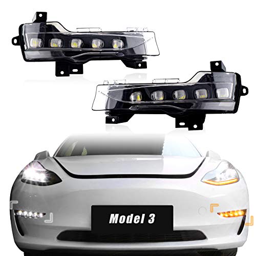 LED White Daytime Running Lights+Amber Dynamic Sequential Turn Signal Fog Lights for Tesla Model 3 & Model Y