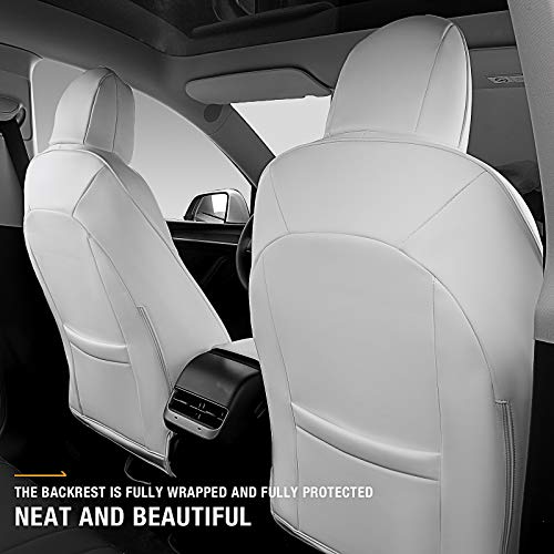 Fit Tesla Model Y Seat Covers All Season PU Leather Car Seat Cushion Protector Tesla Model Y Accessories (White, Full Wrapped 12 Pcs (Model Y))