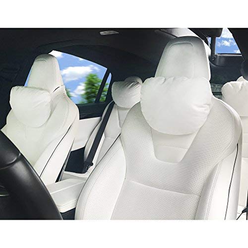  HOPON Headrest Pillow for Tesla Model 3 Model Y,Tesla Neck  Pillow with Genuine Nappa Leather,Soft Pillow for Relieving  Stiffness,Memory Foam Tesla Accessories 1 Pack - White : Automotive