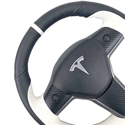 Hand-Stitched Steering Wheel Wrap for Tesla Model 3/Tesla Model Y 2017 2018 2019 2020 2021 Interior Steering Wheel Protection Skin Cover Accessories (Black Leahter+ White Perforated Leather)