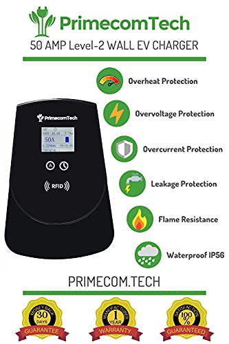 PRIMECOM 50 Amp Level-2 EV Wall Charger Station 220 Volt for Tesla, Volkswagen ID4, Mustang Mach-E, Ford F150, Audi Etron, Toyota RAV4, Kia EV6, Hyundai IONIQ 5, Polestar, Rivian (30 Feet, Hardwire)