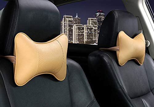 Car Neck Pillows Both Side Pu Leather 2pieces Pack Headrest Fit for Most Cars Filled Fiber Universal Car Pillow (Beige)