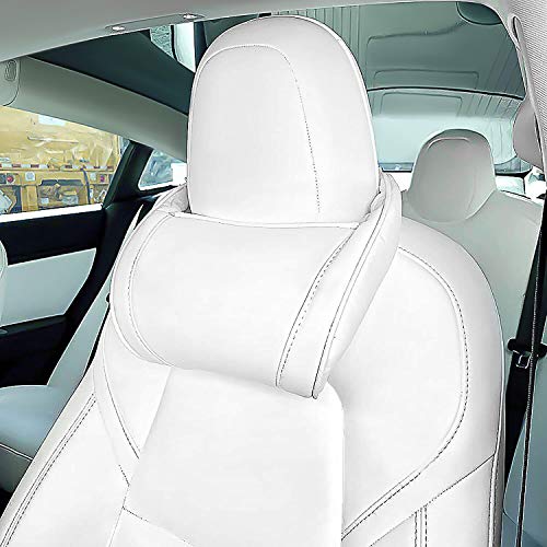 Neck Pillow Microfiber Leather car headrest Using High Elastic Polyurethane Foam Compatible with Tesla (White )