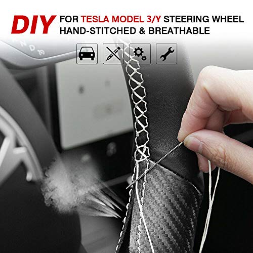 Black Perforated Leather & Carbon Fiber Auto Steering Wheel Cover Hand-Stitch on Wrap Fit for Tesla Model 3/Tesla Model Y