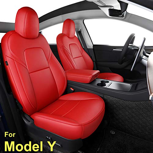 Seat Cover Fit for Tesla Model Y 2020 2021 Airbag Compatible Synthetic Leather Car Seat Cushion Protector All Weather Water-Proof Customized (Red)