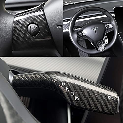 Tesla Model 3 & Model Y Steering Wheel Cover Combo With Gear Shift Covers,Steering Wheel Accessories Carbon Fiber Style Cover Gear Shift Covers Carbon Fiber Inner Decoration for Tesla Model 3 Model Y