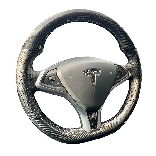 Black Perforated Leather & Carbon Fiber Auto Steering Wheel Cover Hand-Stitch on Wrap Fit for Tesla Model S/Tesla Model X
