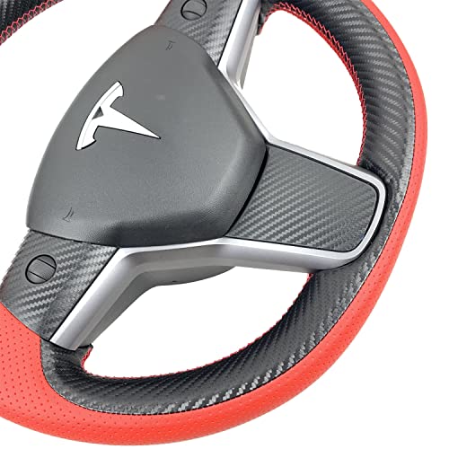 Hand-Stitched Steering Wheel Wrap for Tesla Model 3/Tesla Model Y 2017 2018 2019 2020 2021 Interior Steering Wheel Protection Skin Cover Accessories (Red Perforated Leather+Matte Black Carbon Fiber)