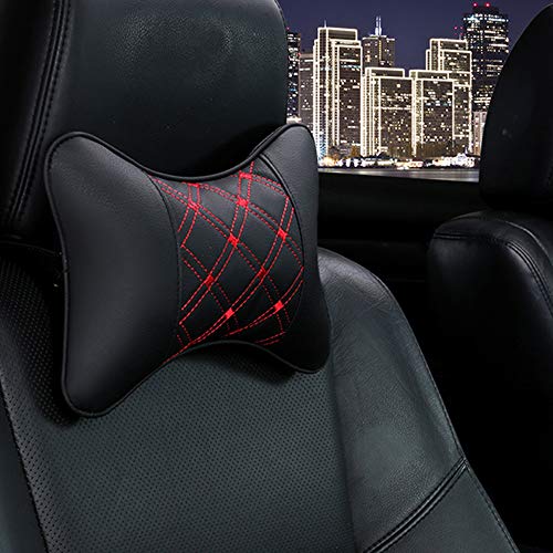 Car Neck Pillows Both Side Pu Leather 2pieces Pack Headrest Fit for Most Cars Filled Fiber Universal Car Pillow (Black&Red)
