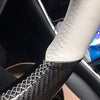 White Leather & Carbon Fiber Steering Wheel Cover Hand-Stitch on Wrap Fit for Tesla Model 3 & Y