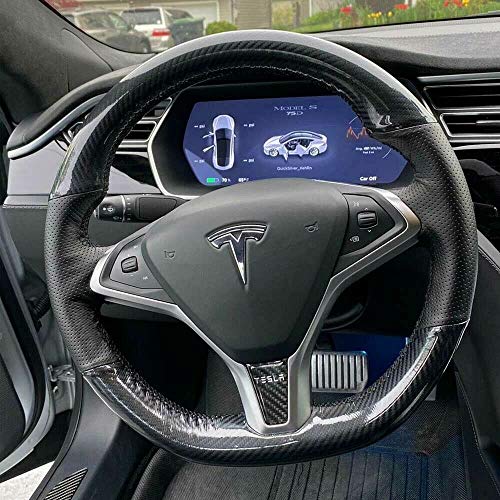 Black Perforated Leather & Carbon Fiber Auto Steering Wheel Cover Hand-Stitch on Wrap Fit for Tesla Model S/Tesla Model X