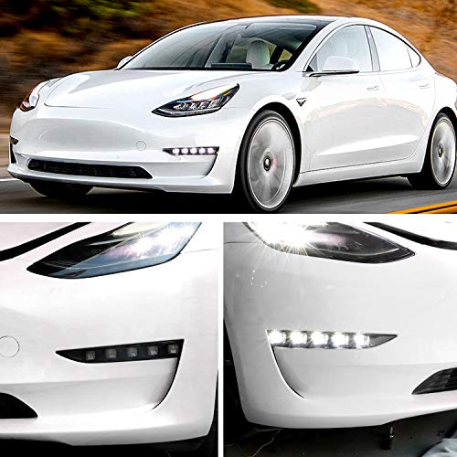 LED White Daytime Running Lights+Amber Dynamic Sequential Turn Signal Fog Lights for Tesla Model 3 & Model Y