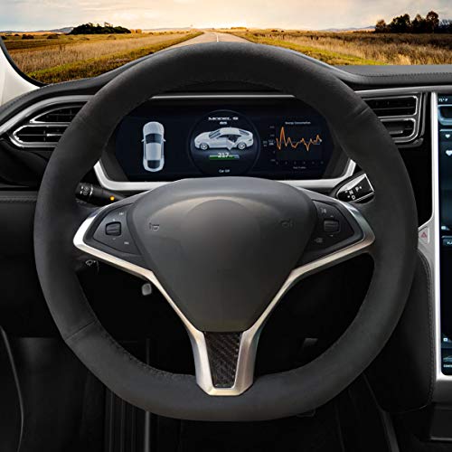 Customized Hand-Stitch Black Suede Steering Wheel Cover for Tesla Model S 2009-2018 & Tesla Model X 2012-2018