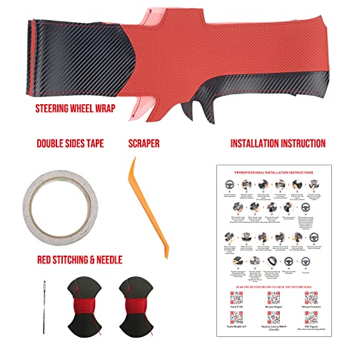 Hand-Stitched Steering Wheel Wrap for Tesla Model 3/Tesla Model Y 2017 2018 2019 2020 2021 Interior Steering Wheel Protection Skin Cover Accessories (Red Perforated Leather+Matte Black Carbon Fiber)