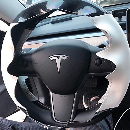 White Leather & Carbon Fiber Steering Wheel Cover Hand-Stitch on Wrap Fit for Tesla Model 3 & Y