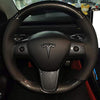 Black Perforated Leather & Carbon Fiber Auto Steering Wheel Cover Hand-Stitch on Wrap Fit for Tesla Model 3/Tesla Model Y