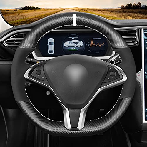 Matte Carbon Fiber + Suede Car Steering Wheel Cover for Tesla Model S 2012-2021 / Model X 2016-2020