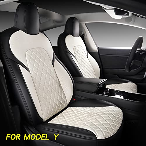 Black/White Full Coverage & Tailored Fit Faux Leather Seat Cover Set (Front & Rear) for Tesla Model Y