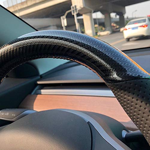 Black Perforated Leather & Carbon Fiber Auto Steering Wheel Cover Hand-Stitch on Wrap Fit for Tesla Model 3/Tesla Model Y